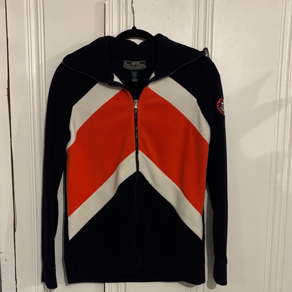 Ralph Lauren Men's Navy and Orange Zip-Up Sweater